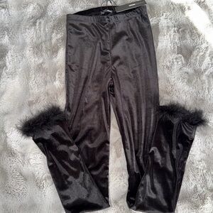 Black Velvet Leggings with Faux Fur Trim
